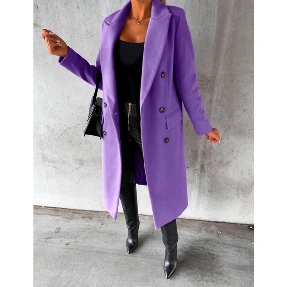 Women's Purple Long Wool Double-Breasted Trench Coat for Fall & Winter - Picture 2 of 4